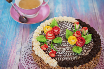 cakes on color background