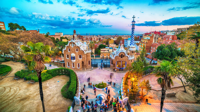 Barcelona, Catalonia, Spain: the Park Guell of Antoni Gaudi at sunset
