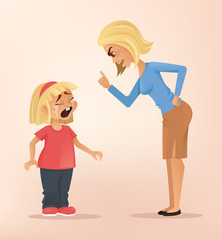 Angry upset mother character scolds her crying naughty daughter. Vector flat cartoon illustration
