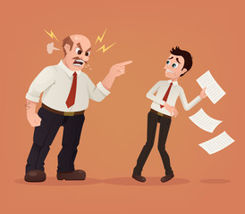 Angry boss character yelling at employee office worker. Vector flat cartoon illustration