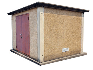 Pressboard utility shed with faded red doors. isolated.