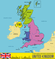 Political map of United Kingdom with regions and their capitals