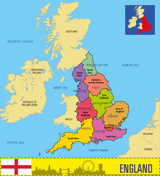 Political map of England with regions and their capitals