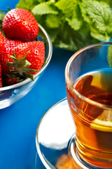 Breakfast. Tea with lemon and strawberry