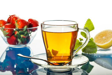 Breakfast. Tea with lemon and strawberry