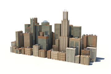 3d rendering of a city landscape with office buildings and skyscrapers isolated on white background.