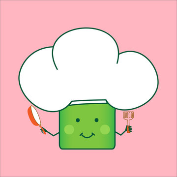 Illustration funny and healthy broccoli (Brassica oleracea). Pink background. Chef cooking