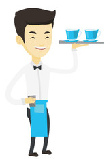 Waiter holding tray with cups of coffeee or tea.