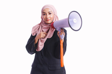 Beautiful business woman wear office coat hold megaphone isolated on white background -business, finance and sale concept