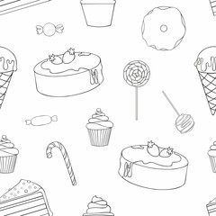 Sweets. Contour drawing. Vector seamless pattern