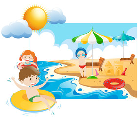 Obraz na płótnie Canvas Three kids swimming and playin at sea