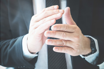 Obraz premium Business team success. Business people hands applauding after presentation project, professional education, work meeting, presentation or coaching concept at conference room