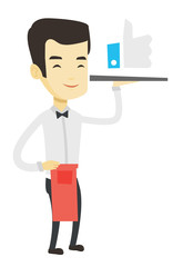 Waiter with like button vector illustration.