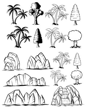 Doodles nature set with trees and rocks © brgfx