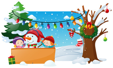 Winter scene with kids and snowman