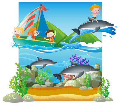 Summer scene with kids and dolphins