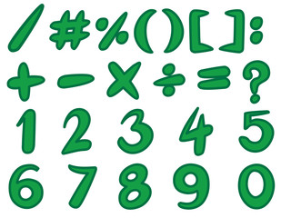 Numbers and simple signs in green color