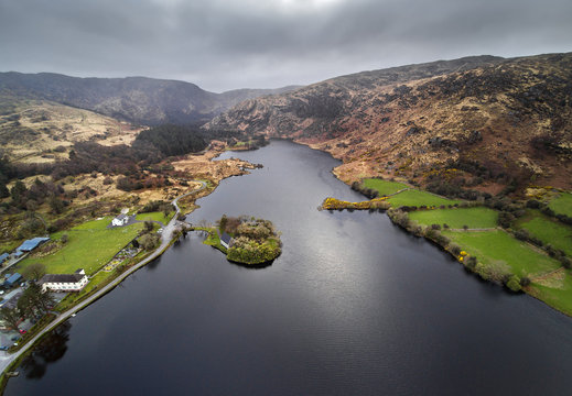 Aerial view of Gougane Barra island, County Cork, Ireland