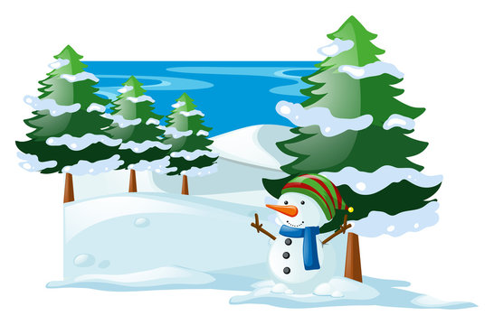 Winter scene with snowman in the snow field