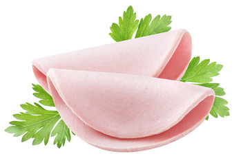 Boiled sausage isolated. Boiled sausage ham slices and parsley isolated on white background © xamtiw