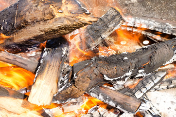 Red fire on wood close-up