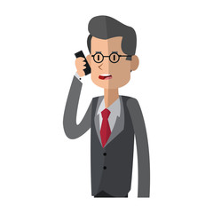 businessman using a smartphone, cartoon icon over white background. colorful design. vector illustration