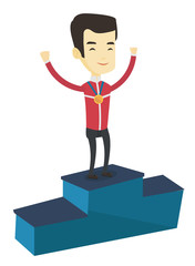 Sportsman celebrating on the winners podium.