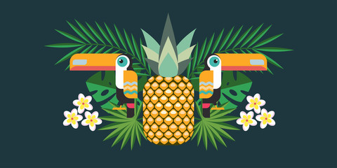 Vector illustration of tropical birds Toucans, pineapple, tropical flowers and exotic leaves. - 144635191