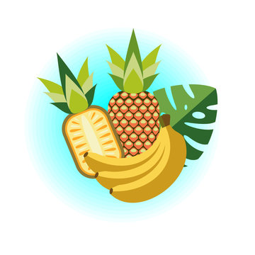 Pineapples and bananas. Vector illustration. Tropical juicy fruit.
