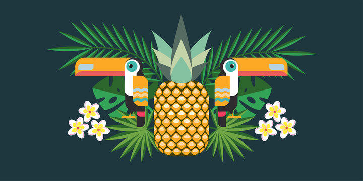 Vector Illustration Of Tropical Birds Toucans, Pineapple, Tropical Flowers And Exotic Leaves.