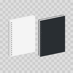 Blank Spiral Notebook Template. Black and white covers. Isometric view, isolated on transparent checkered. Vector mock up.