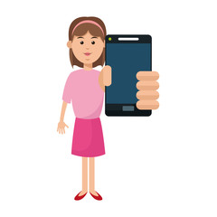 woman using a smartphone, cartoon icon over white background. colorful design. vector illustration