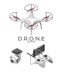 Vector Illustration with quadcopter and remote control isolated on white background. Drone with a video camera, controller has a holder for mobile phone. Isometric style. - obrazy, fototapety, plakaty
