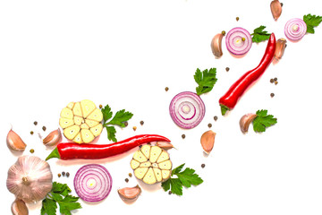Composition of garlic, red onion, chili, pepper and herbs