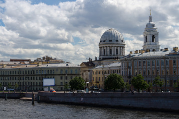 Panorama Neva river, Tuchkov Bridge, Catherine Church, Saint Petersburg, Russia
