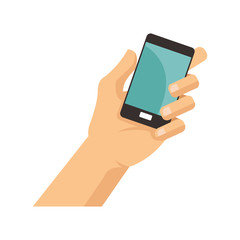 hand with smartphone device icon over white background. colorful design. vector illustration