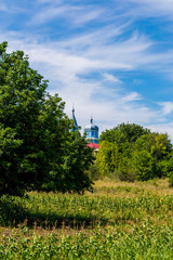 Photo of blue church between green trees