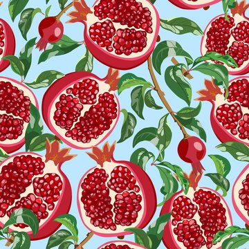 Seamless pattern with ripe pomegranates and leaves. Vector illustration