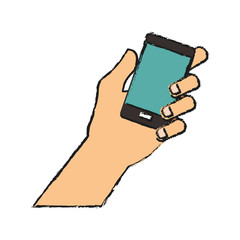 hand with smartphone device icon over white background. vector illustration