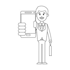 man holding a smartphone cartoon icon over white background. vector illustration