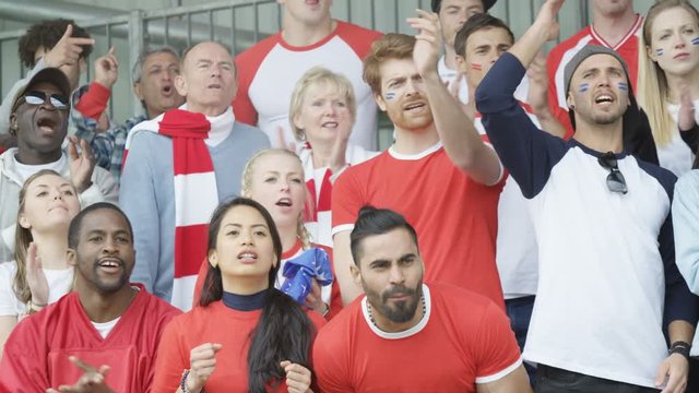  Sports fans in crowd expressing disappointment, watching live game in stadium
