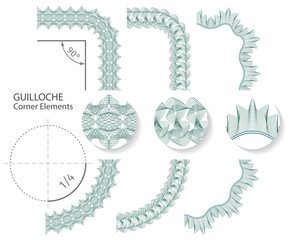 Set: Seamless Guilloche Corner Elements for certificate or diploma, isolated. Vector illustration.