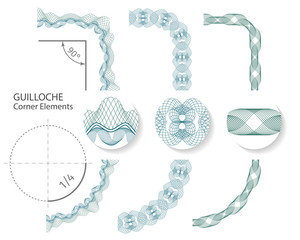 Set: Seamless Guilloche Corner Elements for certificate or diploma, isolated. Vector illustration.