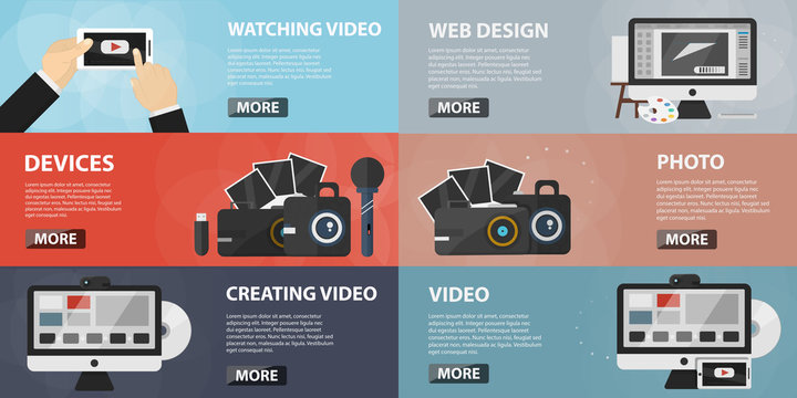 Vector set of flat banners of making video for websites. Concept of creative video, social media and online marketing. Collection of photo elements and equipment in flat design.