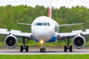 Airplane view from the front cockpit fuselage at the airport