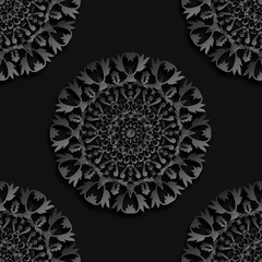 Vector realistic floral damask seamless pattern on black background. Ornamental retro luxury background for wallpaper, decoration and covering. Realistic mandala fractal pattern. 