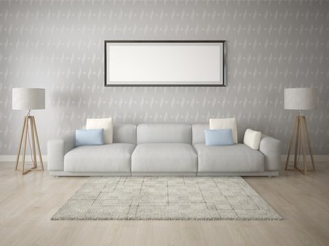 Mock up the living room with a large comfortable sofa on the background of modern wallpaper.