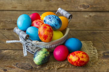 Happy Easter, colorful eggs in a basket