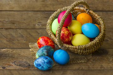 Happy Easter, colorful eggs in a basket