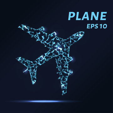The plane consists of points, lines and triangles. The polygon shape in the form of a silhouette of an airplane on a dark background Vector illustration.